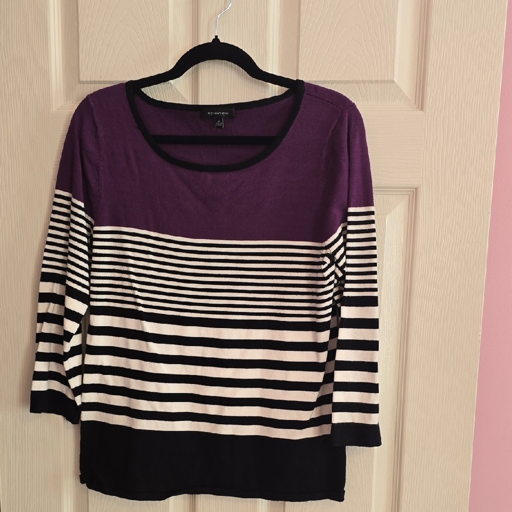 Spense Purple Black Cream Striped Scoop Neck Long Sleeve Top
